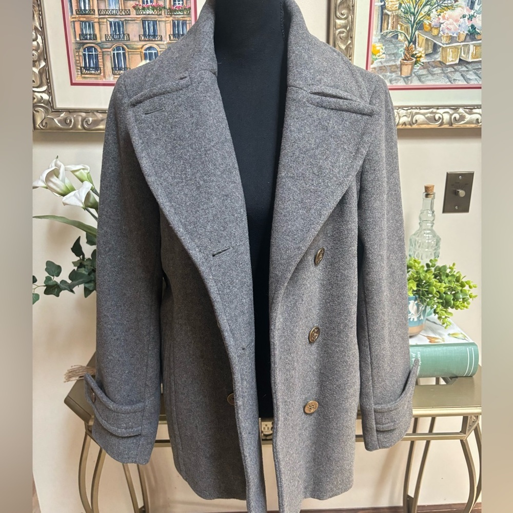 LANDS END WOOL GRAY CLASSIC TAILORED DOUBLE BREASTED NAUTICAL PEA COAT SZ 12 - Picture 3 of 13